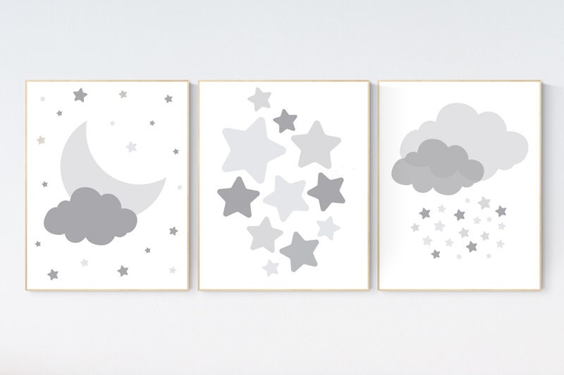 Nursery decor neutral, Nursery wall art grey, gray nursery, baby room decor gender neutral, moon and stars, grey nursery decor baby room art