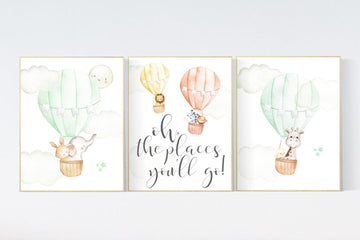 Nursery decor animals, hot air balloon, elephant giraffe, bear, gender neutral, nursery decor twins, animal nursery, neutral, unisex
