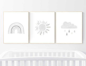 Nursery prints rainbow, Nursery decor gender neutral, nursery wall art neutral, gray nursery, moon star, cloud, nursery art, grey nursery