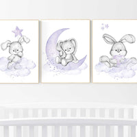 Bunny nursery wall art, Purple nursery decor, Nursery decor girl flower bunny, lilac, lavender, bunny print nursery girl, rabbit print