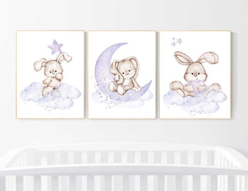 Bunny nursery wall art, Purple nursery decor, Nursery decor girl flower bunny, lilac, lavender, bunny print nursery girl, rabbit print