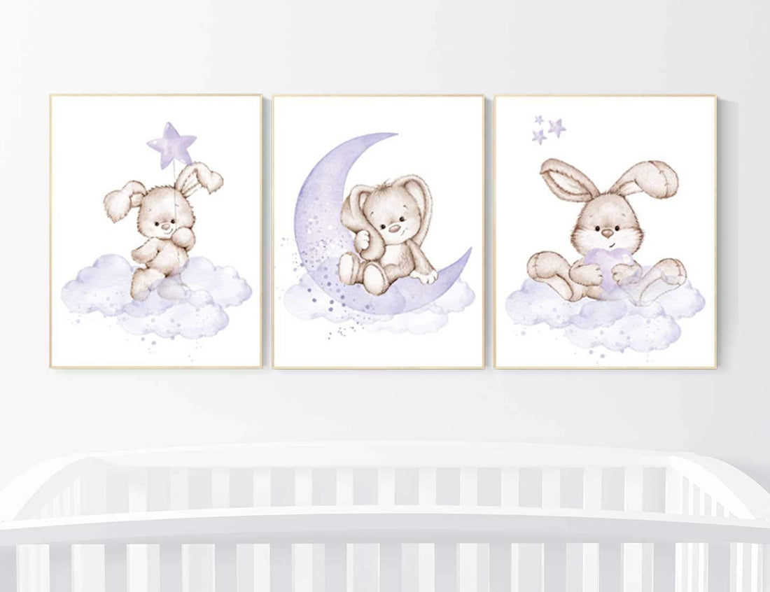 Nursery decor girl bunny, Purple nursery decor, Nursery decor girl flower bunny, lilac, lavender, bunny print nursery girl, rabbit print