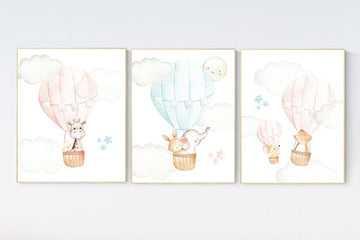 Blush and mint nursery wall art, Nursery decor girl, hot air balloon nursery, blush pink nursery, nursery decor woodland animals, mint