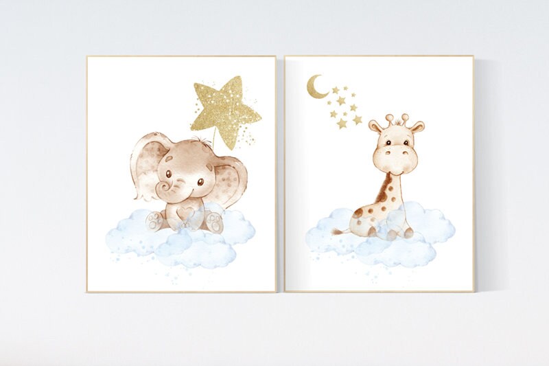 Animal nursery for boys, blue gold, Nursery decor boy elephant and giraffe, baby room wall art, nursery wall art animals, boys room prints