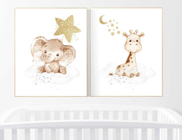 Nursery wall art gender neutral, nursery decor elephant, giraffe nursery, neutral nursery wall art, gray, grey, gold, gender neutral, twins