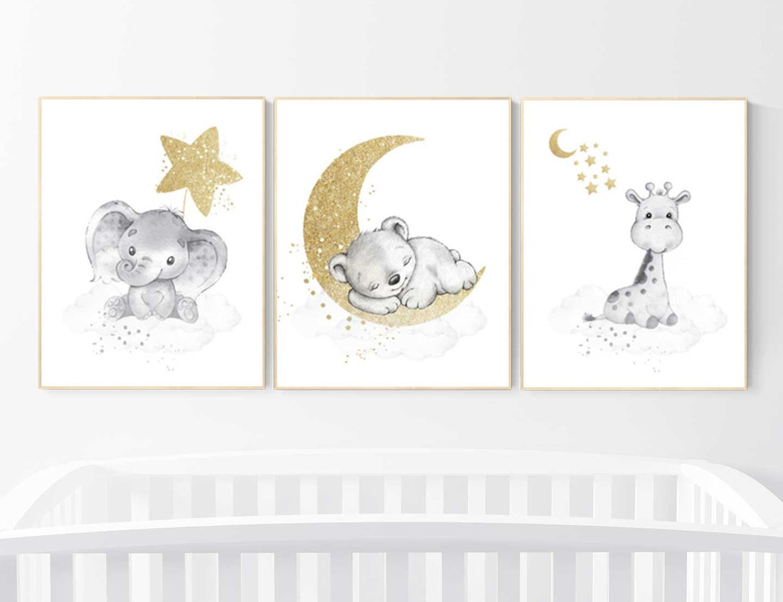 Animal nursery, gender neutral, grey gold, moon and stars, elephant and giraffe nursery, bear, baby bear, nursery decor twins, gray nursery