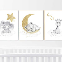 Animal nursery, gender neutral, grey gold, moon and stars, elephant and giraffe nursery, bear, baby bear, nursery decor twins, gray nursery