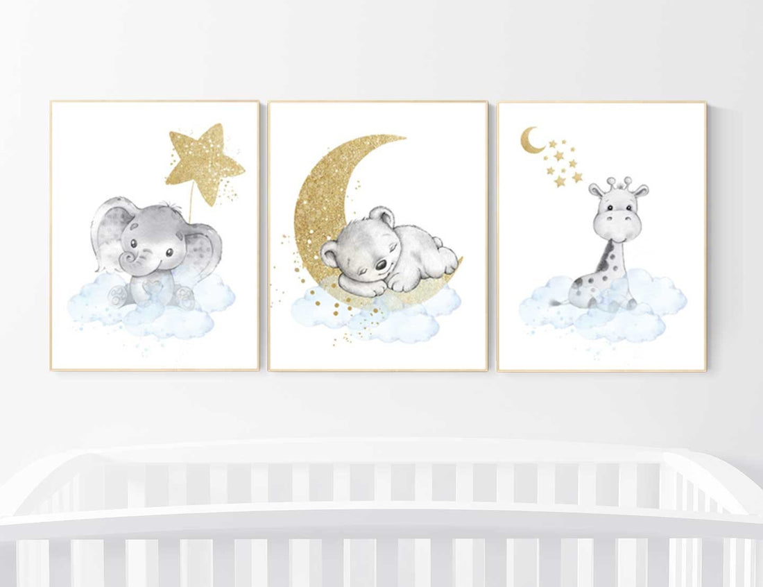 Nursery prints animals, baby room decor blue gold, baby room decor bear, elephant, giraffe, animal nursery decor, nursery prints, boy room