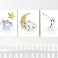 Nursery prints animals, baby room decor blue gold, baby room decor bear, elephant, giraffe, animal nursery decor, nursery prints, boy room