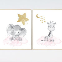 Animal nursery for girls, pink and gold, Nursery decor girl elephant, animal nursery, giraffe baby room, pink gold, moon and stars