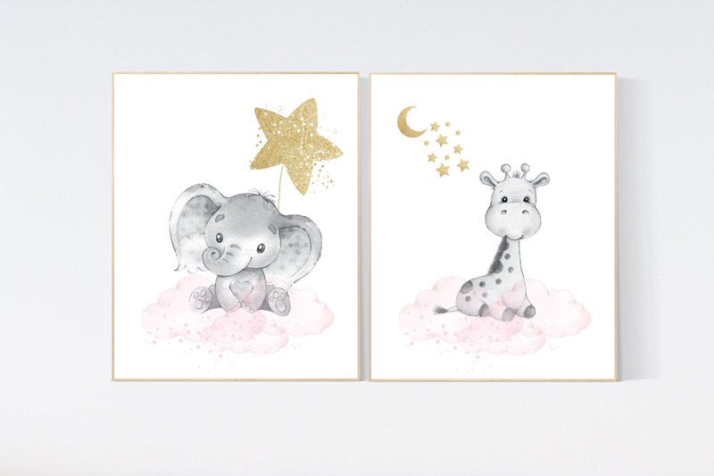 Animal nursery for girls, pink and gold, Nursery decor girl elephant, animal nursery, giraffe baby room, pink gold, moon and stars