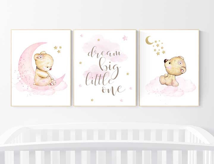 Nursery decor bear, bear nursery decor for girls, dream big little one, girl wall art, nursery wall art girl nursery pink gold, nursery art