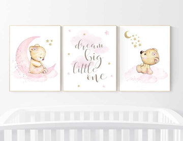 Nursery decor bear, bear nursery decor for girls, dream big little one, girl wall art, nursery wall art girl nursery pink gold, nursery art