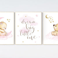 Nursery decor bear, bear nursery decor for girls, dream big little one, girl wall art, nursery wall art girl nursery pink gold, nursery art