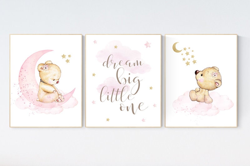 Nursery decor bear, bear nursery decor for girls, dream big little one, girl wall art, nursery wall art girl nursery pink gold, nursery art