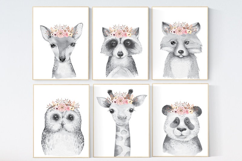 Nursery decor girl, floral nursery, Woodland nursery, woodland animals nursery, flower nursery, nursery decor girl boho, nursery wall art