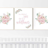 In a field of roses she is a wildflower, Nursery decor girl blush, nursery decor girl floral, flower nursery wall art, floral prints