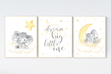 Nursery wall art neutral, nursery wall art elephant, cloud and stars, gender neutral, baby room decor, elephant balloon, yellow nursery