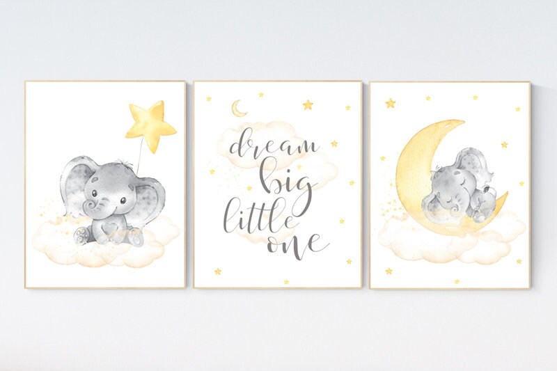 Nursery wall art neutral, nursery wall art elephant, cloud and stars, gender neutral, baby room decor, elephant balloon, yellow nursery