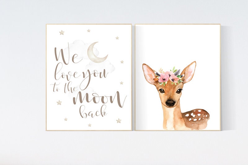 Nursery decor woodland, deer nursery decor, we love you to the moon and back, woodland nursery, deer print, Woodland Animals, deer