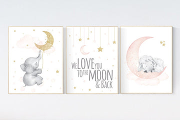 Nursery decor lambs, Nursery decor girl blush, elephant, sheep nursery, moon and stars nursery, blush gold, elephant, lamb