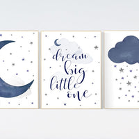 Nursery decor boy, navy nursery decor, moon and stars, dream big little one, navy blue nursery art, baby boy nursery art, raindrops