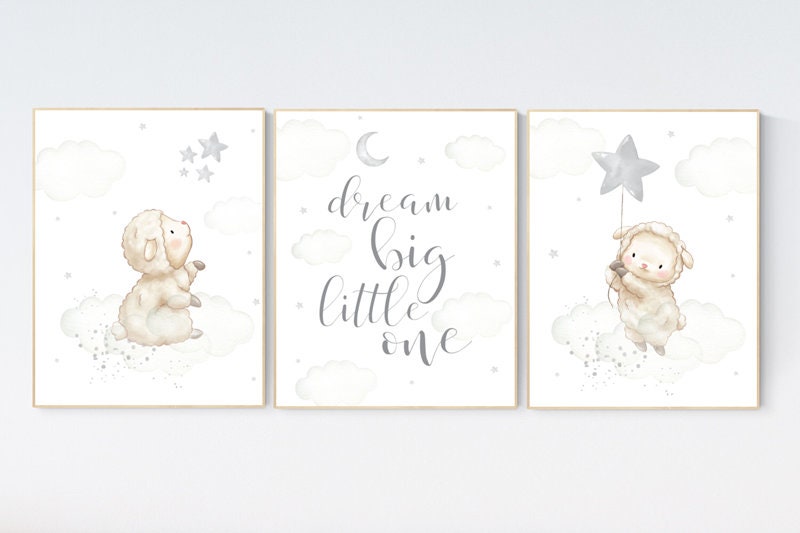 Sheep nursery decor, Gray nursery decor, nursery decor lambs, nursery wall art sheep, moon and cloud wall art nursery gender neutral nursery