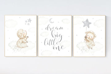 Sheep nursery decor, Gray nursery decor, nursery decor lambs, nursery wall art sheep, moon and cloud wall art nursery gender neutral nursery