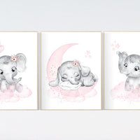 Elephant nursery art, elephant nursery print, pink and grey nursery, moon and stars nursery, baby girl room prints, pink nursery, balloons