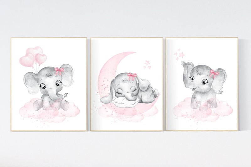 Elephant Nursery Art: Pink & Gray Baby Girl Prints