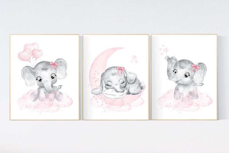 Nursery wall art girl elephant, Nursery decor girl pink and gray, girl nursery ideas, baby registry, baby shower, nursery prints girl animal