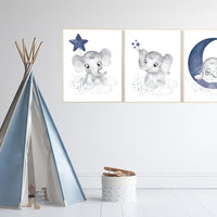 Nursery decor elephant, navy nursery decor, moon and stars, moon and stars, navy blue nursery art. baby room wall art, elephant nursery