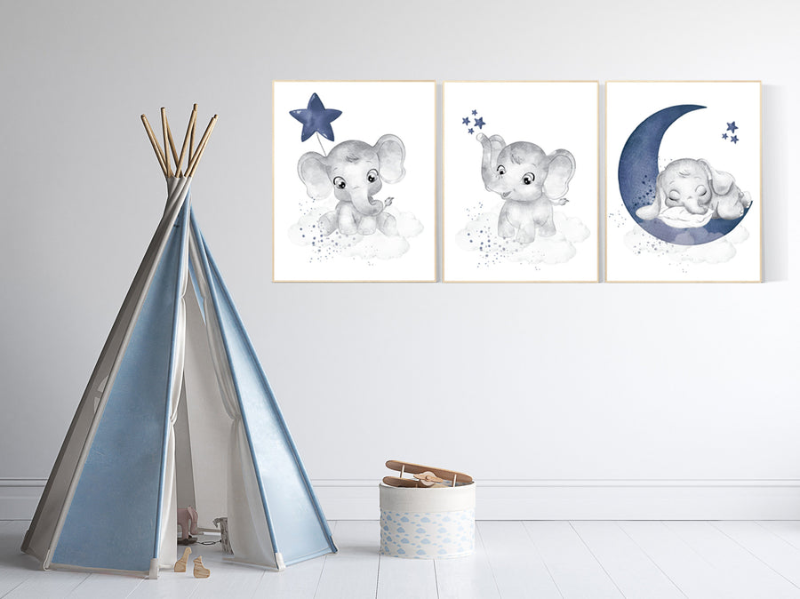 Nursery decor elephant, navy nursery decor, moon and stars, moon and stars, navy blue nursery art. baby room wall art, elephant nursery