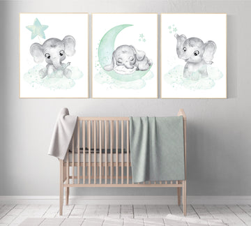 Elephant nursery art, elephant nursery print, mint nursery decor, baby room wall art, gender neutral, aqua, moon stars, elegant, mint green