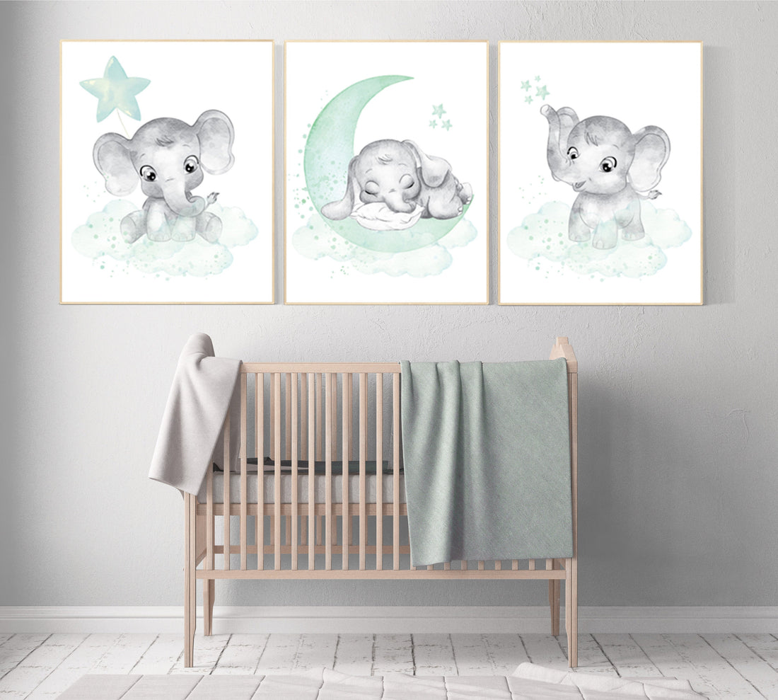 Elephant nursery art, elephant nursery print, mint nursery decor, baby room wall art, gender neutral, aqua, moon stars, elegant, mint green