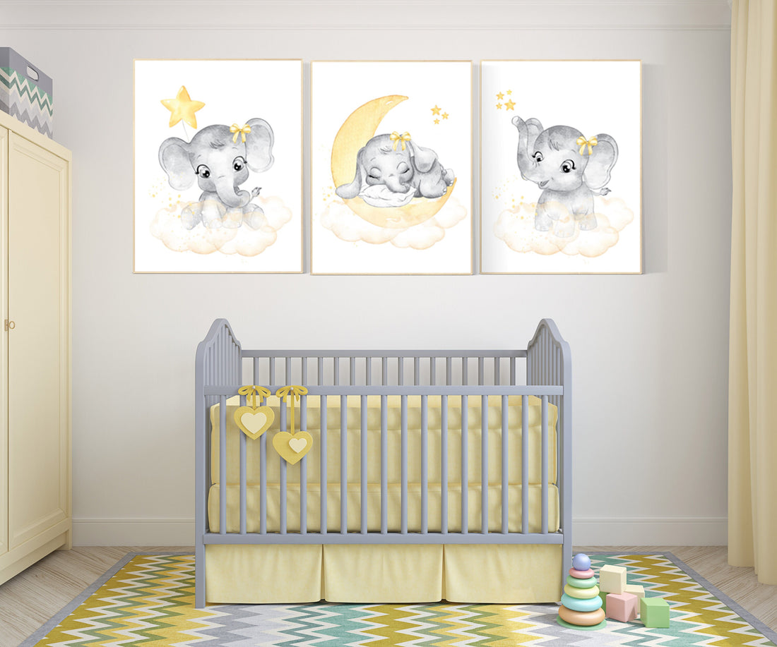 Nursery decor girl yellow, nursery wall art elephant, yellow gray, grey, elephant balloon, girl nursery decor, yellow nursery, animal prints