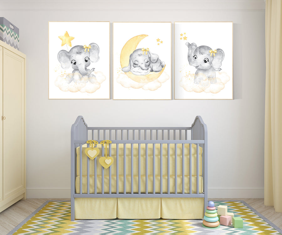Nursery decor girl yellow, nursery wall art elephant, yellow gray, grey, elephant balloon, girl nursery decor, yellow nursery, animal prints