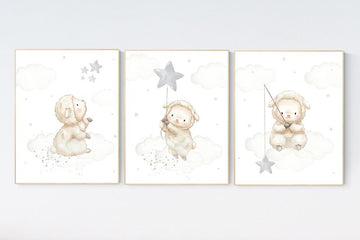 Sheep nursery decor, Gray nursery decor, nursery decor lambs, nursery wall art sheep, moon and cloud wall art nursery gender neutral nursery