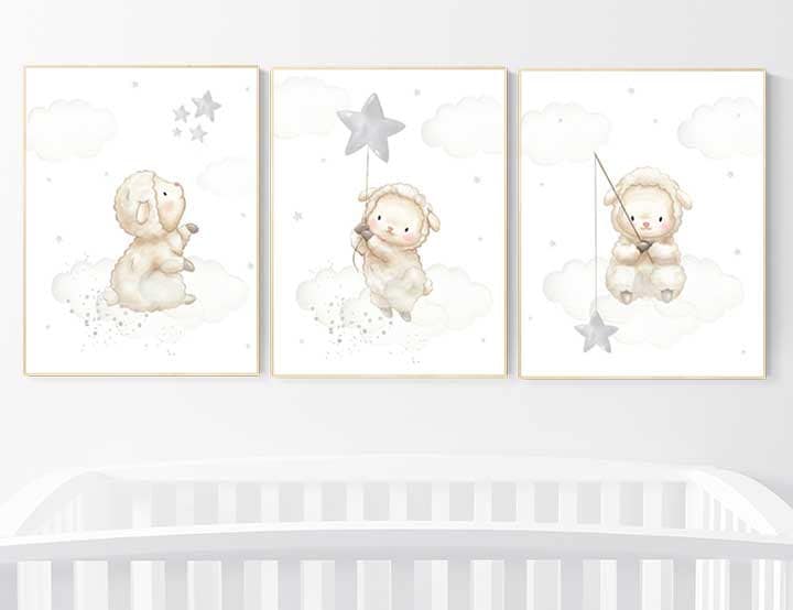 Sheep nursery decor, Gray nursery decor, nursery decor lambs, nursery wall art sheep, moon and cloud wall art nursery gender neutral nursery