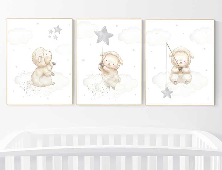 Gender neutral nursery, Sheep nursery decor, Gray nursery decor, nursery decor lambs, nursery wall art sheep, lamb nursery, cloud and stars