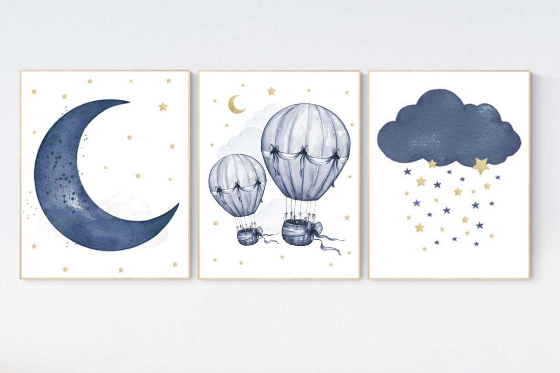 Nursery decor boy, Navy gold, cloud moon and stars nursery, hot air balloon, baby boy nursery idea, boy nursery art, navy and gold, prints
