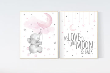 Nursery decor girl elephant, nursery wall art girl pink, we love you to the moon and back, moon print, baby room wall art, moon and stars