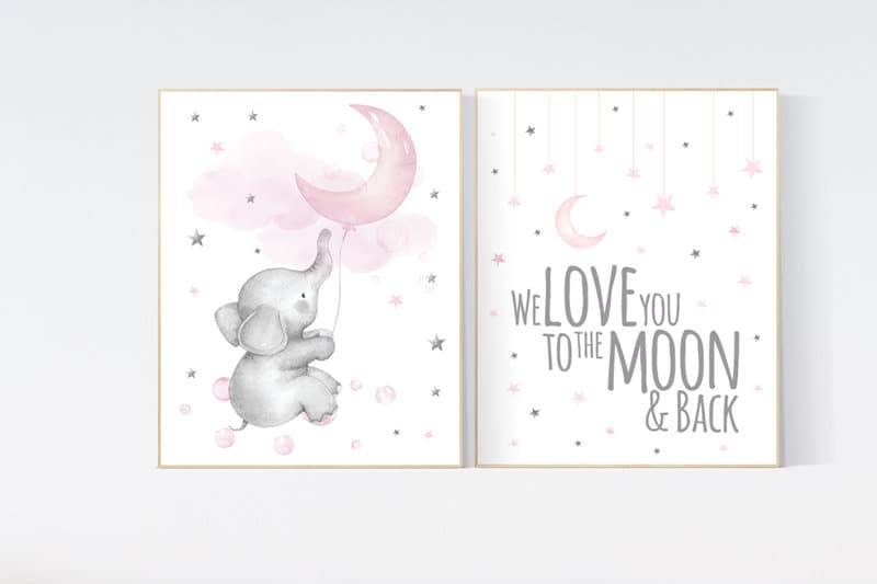 Nursery decor girl elephant, nursery wall art girl pink, we love you to the moon and back, moon print, baby room wall art, moon and stars