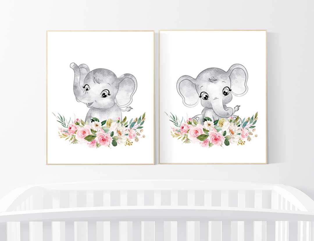 Floral nursery, elephant nursery wall art, Nursery decor girl boho, nursery decor girl flowers, woodland animals, boho nursery, elephants