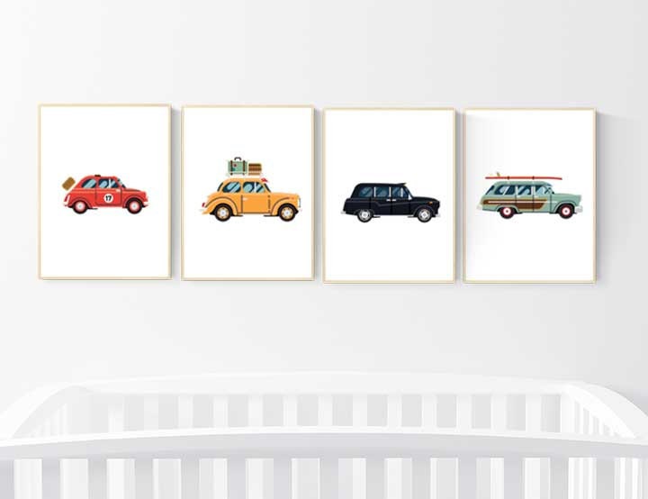 nursery decor boy cars, car nursery wall art, boys room decor cars, vintage cars print, nursery wall art boy car, transportation wall art