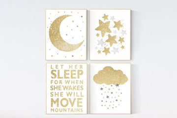 Nursery wall art, gold nursery, nursery decor neutral, baby room decor gender neutral, moon and stars, baby room art, gold baby room