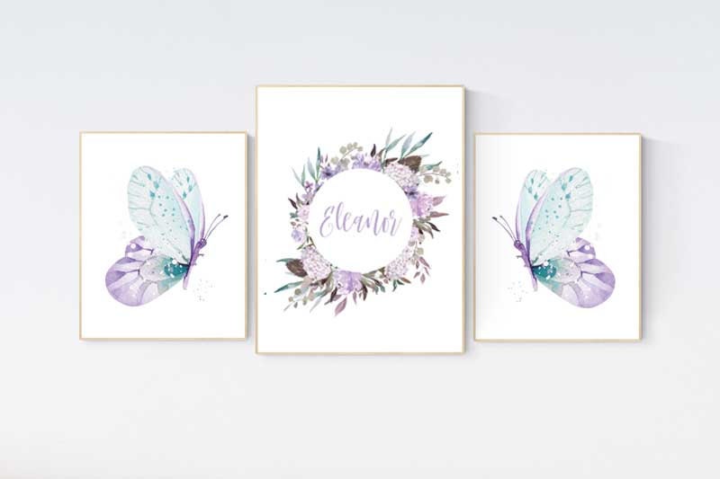 Nursery decor girl butterfly, purple teal nursery,  lilac teal nursery, girl room prints, baby girl nursery wall art butterfly wall art