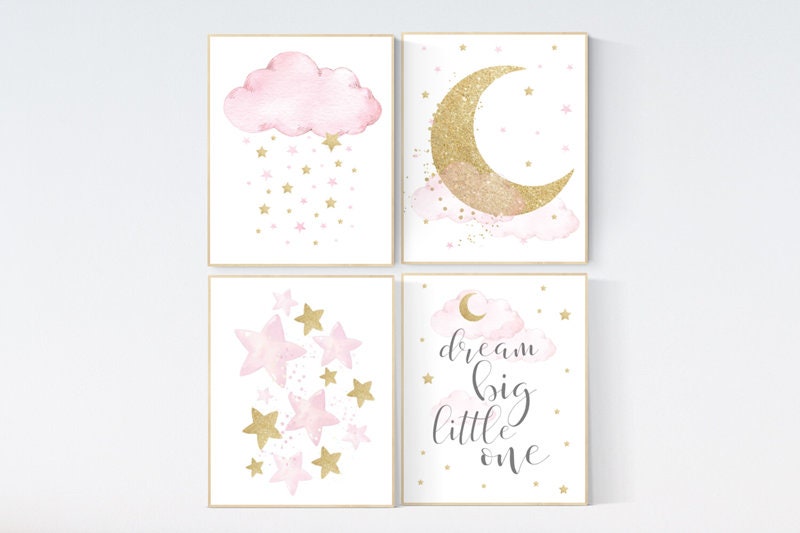 Nursery decor girl pink gold, cloud, moon and stars, pink and gold nursery art, girl nursery ideas, dream big little one, set of 4 prints