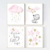 Nursery decor girl pink gold, bear nursery, pink and gold nursery art, cloud and stars, dream big little one, teddy bear, set of 4 prints