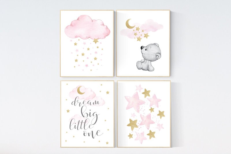 Nursery decor girl pink gold, bear nursery, pink and gold nursery art, cloud and stars, dream big little one, teddy bear, set of 4 prints